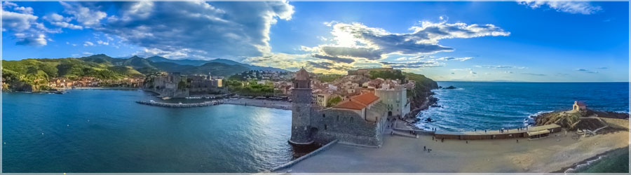 Vue arienne du village de Collioure Le vent tait excessivement fort ce jour. En effet, le vent soufflait  environ 50 Km/h, avec des rafales  60 Km/h (ce qui reprsente entre 27 et 32 noeuds). Sachant qu'habituellement,  partir de 12 noeuds, le cerf-volant peut emporter sans problmes ma nacelle ainsi que l'appareil photo... Heureusement que les copains taient l pour m'aider  ramener le cerf-volant au sol ! www.360x180.fr Selme Matthieu