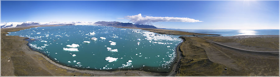 Jokulsarlon : vue arienne du lac Matthieu lance son cerf-volant, et ralise deux vues panoramiques : une au ras du sol, et la mme, une centaine de mtre plus haut. www.360x180.fr Selme Matthieu