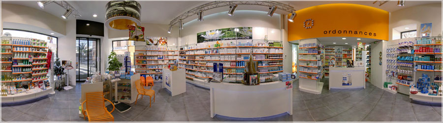 Visite Virtuelle : Pharmacie à Cannes Voici le nouveau look d'une pharmacie à Cannes, après un lifting complet ! www.360x180.fr Selme Matthieu