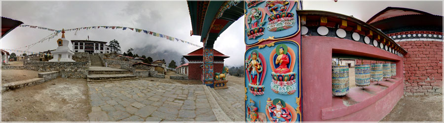Vue extérieure du monastère de Tengboche - 3870m C'est un haut lieu du bouddhisme. Autrefois, le lieu était désert et propice à la méditation. Aujourd'hui, de nombreux lodges, un poste de police et un centre téléphonique entourent le gompa. Sa situation sur la route de la vallée de l'Everest attire de nombreux touristes. Il abrite une cinquantaine de lamas et de novices. Le monastère a été construit en 1923 à l'initiative du lama Shanga Darjee. Un tremblement de terre l'a détruit en 1934, et un incendie l'a ravagé en 1989. Sa reconstruction l'a rendu plus grand et plus beau, et il continue de s'agrandir chaque année. www.360x180.fr Selme Matthieu